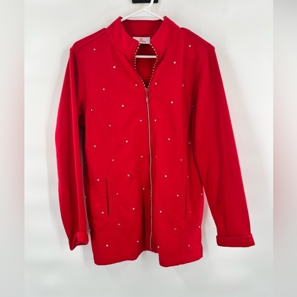 Quacker factory red bejeweled full zip long sleeve jacket size S